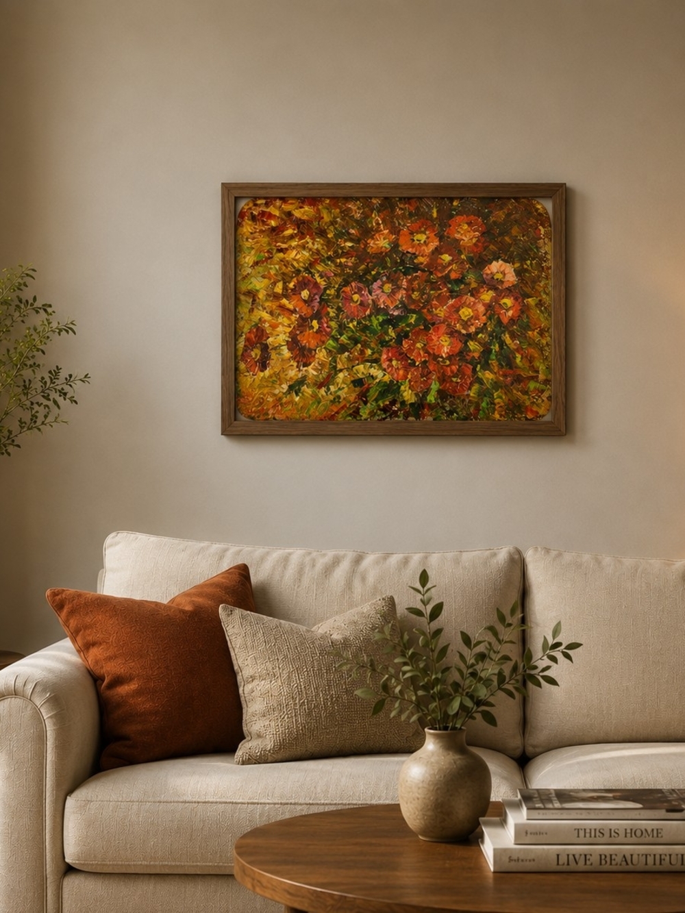 Floral Oil Painting Wall Art in Orange and Green